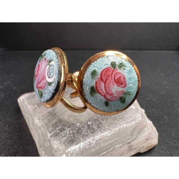 unknown Jewelry - Vintage MCM Gold Tone Guilloche Enamel Pink Rose Screw Back Earrings